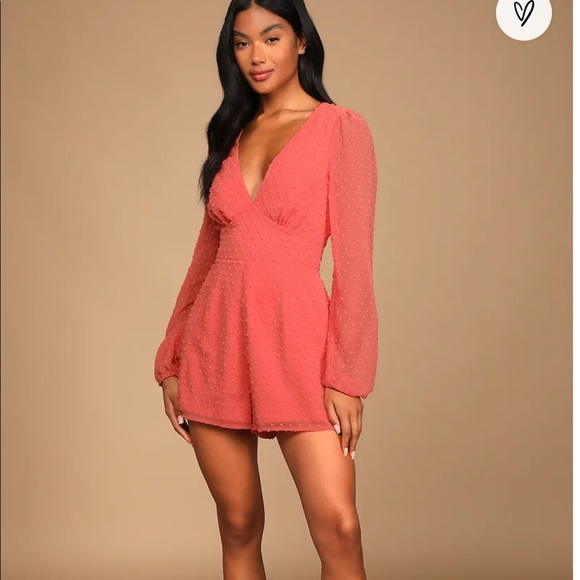 Perfectly Frilly Coral Swiss Dot Long Sleeve Tie-Back Romper - Picture 1 of 3